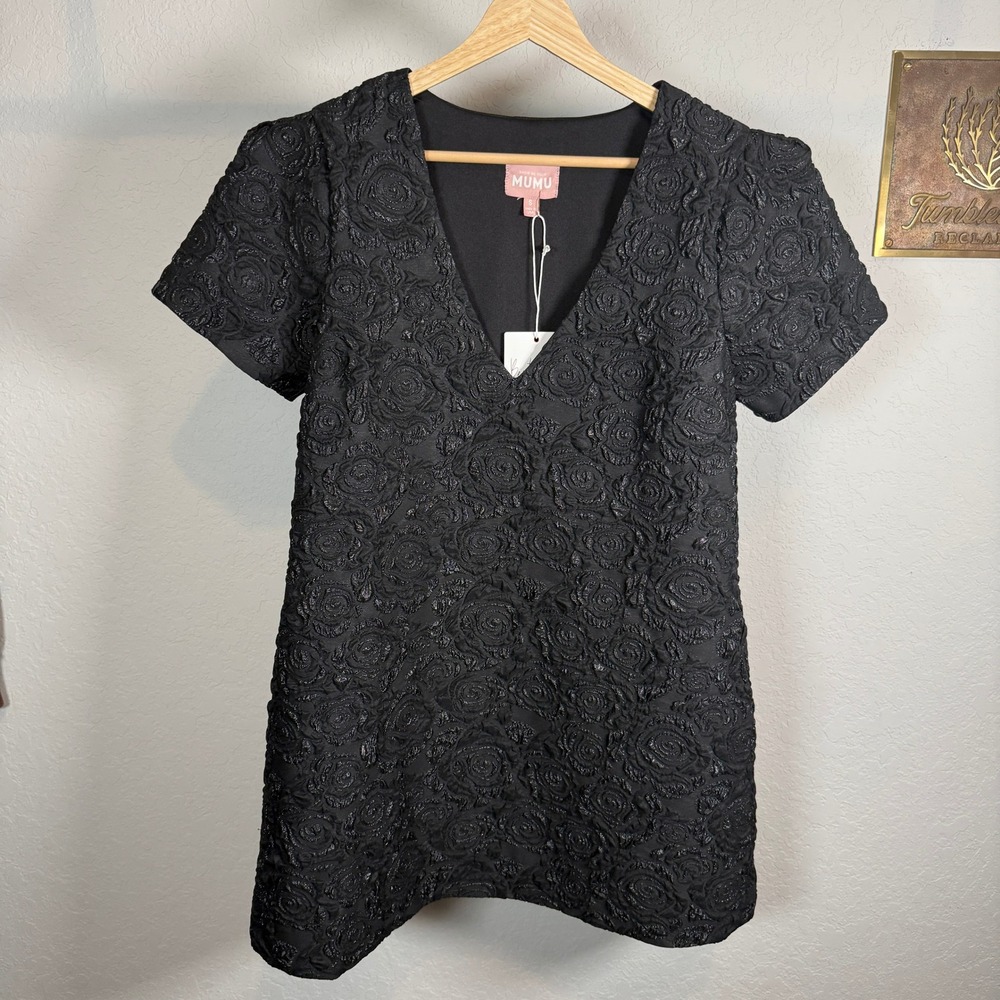 Show Me Your Mumu Black Rose Jacquard Metallic V-Neck Mini Dress Womens Small‎ - Picture 9 of 10